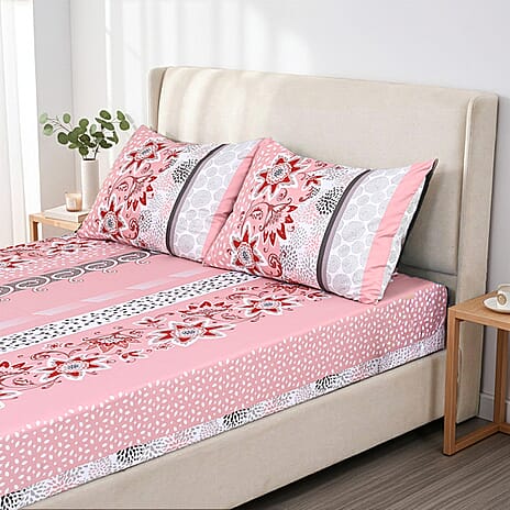 LIVMORE 3-Piece Set - Floral Print Fitted Sheet with Two Matching Pillowcases (Double, 190 x 135cm) - Light Pink