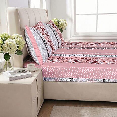 LIVMORE 3-Piece Set - Floral Print Fitted Sheet with Two Matching Pillowcases (Double, 190 x 135cm) - Light Pink