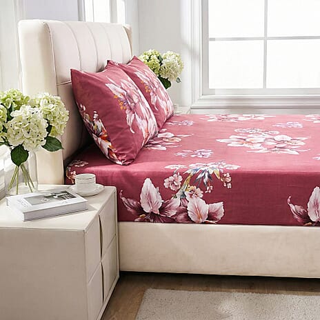 LIVMORE 3-Piece Set - Floral Fitted Sheet with Two Matching Pillowcases (Double, 190 x 135cm) - Dark Pink