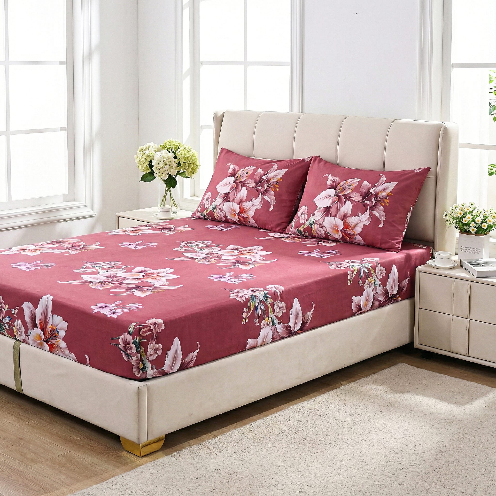 LIVMORE 3-Piece Set - Floral Print Fitted Sheet with Two Matching Pillowcases