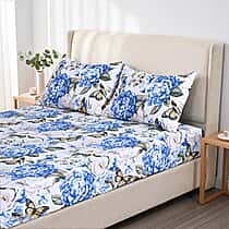 LIVMORE 3-Piece Set - Floral Fitted Sheet with Two Matching Pillowcases (Double, 190 x 135cm) - White, Blue & Green