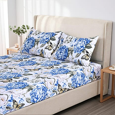 LIVMORE 3-Piece Set - Floral Fitted Sheet with Two Matching Pillowcases (Double, 190 x 135cm) - White, Blue & Green