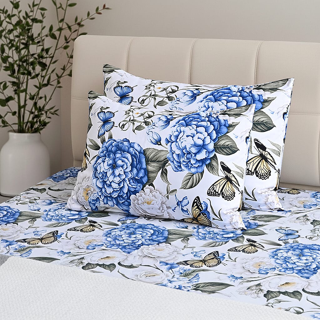 LIVMORE 3-Piece Set - Floral Print Fitted Sheet with Two Matching Pillowcases