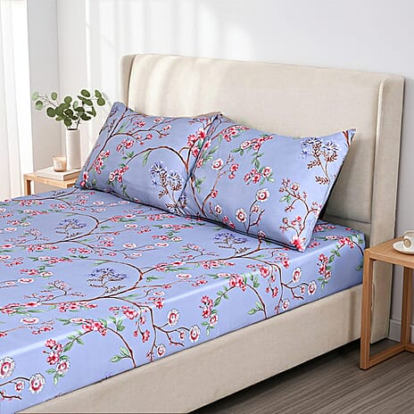 LIVMORE 3-Piece Set - Floral Fitted Sheet with Two Matching Pillowcases (King, 200 x 150cm) - Dusty Blue & Pink