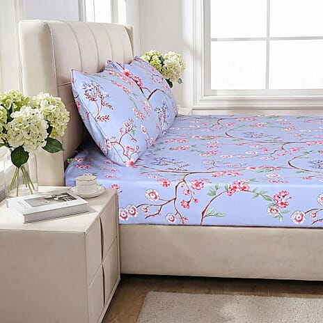 LIVMORE 3-Piece Set - Floral Fitted Sheet with Two Matching Pillowcases (King, 200 x 150cm) - Dusty Blue & Pink