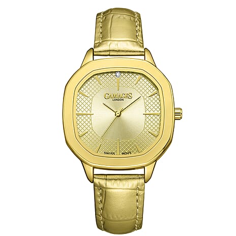 GAMAGES OF LONDON Pearl Diamond Swiss Quartz Movement 3ATM Water Resistant Ladies Watch with Champagne Colour Dial and Leather Strap