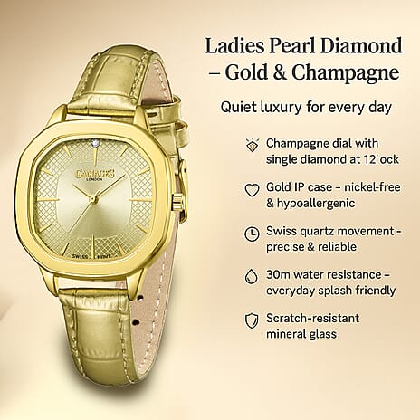 GAMAGES OF LONDON Pearl Diamond Swiss Quartz Movement 3ATM Water Resistant Ladies Watch with Champagne Colour Dial and Leather Strap