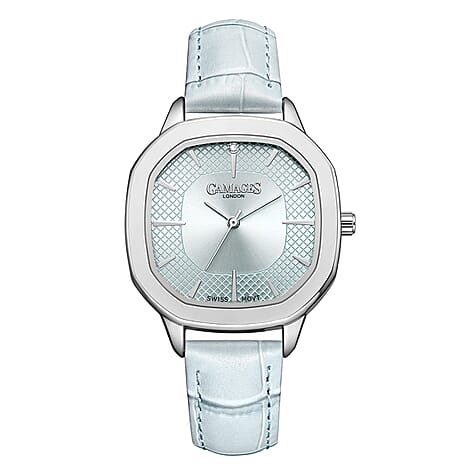 GAMAGES OF LONDON Pearl Diamond Swiss Quartz Movement 3ATM Water Resistant Ladies Watch with Steel Light Blue Leather Strap