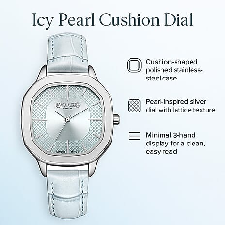 GAMAGES OF LONDON Pearl Diamond Swiss Quartz Movement 3ATM Water Resistant Ladies Watch with Steel Light Blue Leather Strap