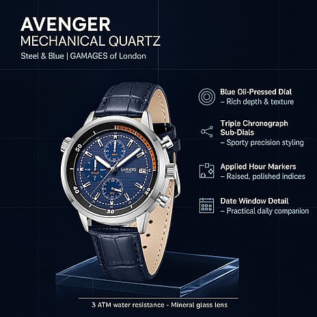 GAMAGES OF LONDON Avenger Mechanical Quartz Movement 3ATM Water Resistant Blue Oil Pressed Dial Mens Watch with Blue Leather Strap