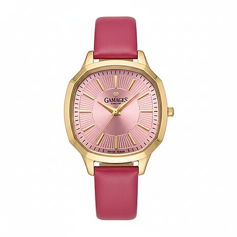 GAMAGES OF LONDON Amorous Quartz Movement 3ATM Water Resistan Ladies Watch with Pink Dial and Gold Leather Strap