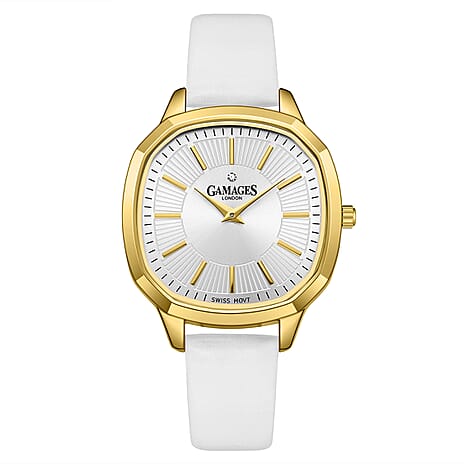 GAMAGES OF LONDON Enchanted Quartz Movement 3ATM Water Resistant Ladies Watch in Gold with White Leather Strap