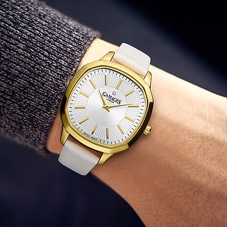 GAMAGES OF LONDON Enchanted Quartz Movement 3ATM Water Resistant Ladies Watch in Gold with White Leather Strap