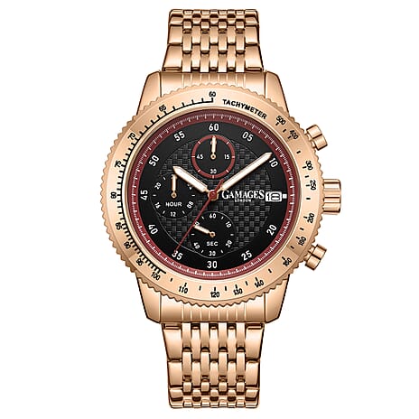 GAMAGES OF LONDON Duke Mechanical Quartz Movement 5ATM Water Resistant Black Dial Mens Watch with Rose Gold Stainless Steel Chain Strap