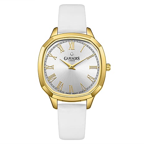 GAMAGES OF LONDON Quartz Movement 3ATM Water Resistant Gold Dial Ladies Watch with White Colour Leather Strap