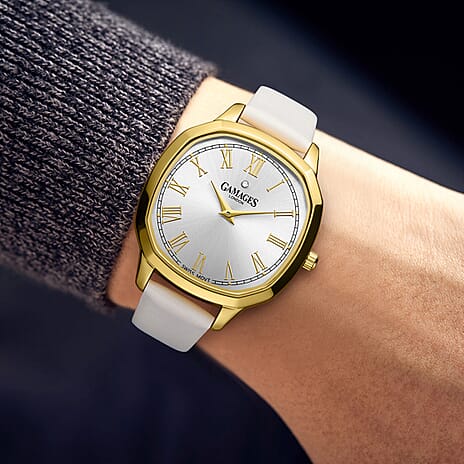GAMAGES OF LONDON Quartz Movement 3ATM Water Resistant Gold Dial Ladies Watch with White Colour Leather Strap