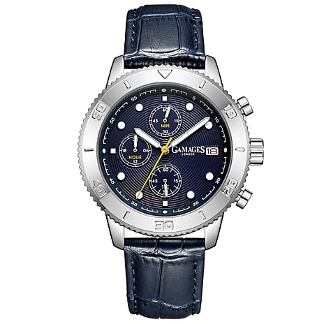 GAMAGES OF LONDON Limited Edition Mechanical Quartz Movement 5ATM Water Resistant Blue Dial Mens Watch with Leather Strap