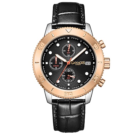 GAMAGES OF LONDON Limited Edition Mechanical Quartz Movement 5ATM Water Resistant Rose Gold Dial Mens Watch with Black Leather Strap