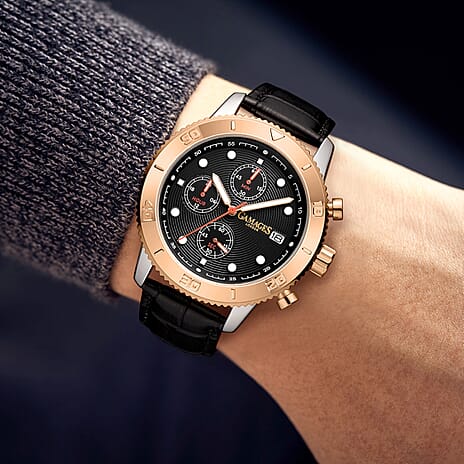 GAMAGES OF LONDON Limited Edition Mechanical Quartz Movement 5ATM Water Resistant Rose Gold Dial Mens Watch with Black Leather Strap