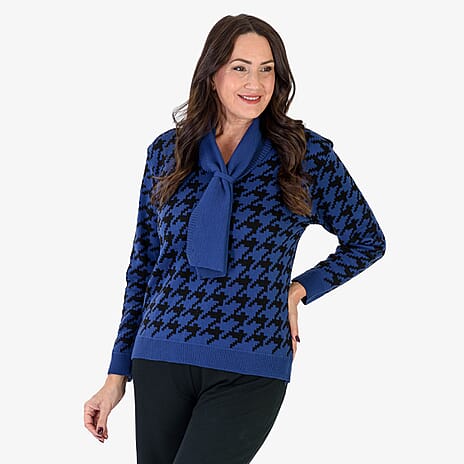 Sugar Crisp Houndstooth Knit Jumper With Scarf Neck (Size 12 to 14) - Denim Blue
