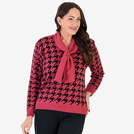 Sugar Crisp Houndstooth Knit Jumper With Scarf Neck (Size 8 to 10) - Raspberry