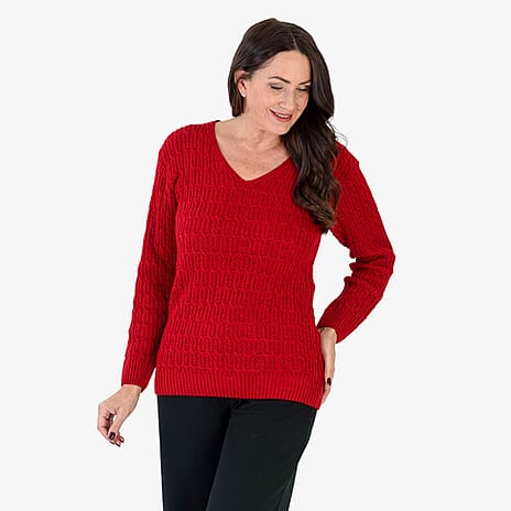 Sugar Crisp V-Neck Cable Knit Jumper (Size 8 to 10) - Red