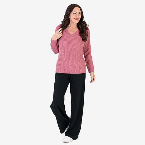 Sugar Crisp V-Neck Cable Knit Jumper (Size 16 to 18) - Dusty Pink