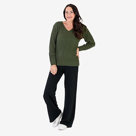 Sugar Crisp V-Neck Cable Knit Jumper (Size 12 to 14) - Olive Green