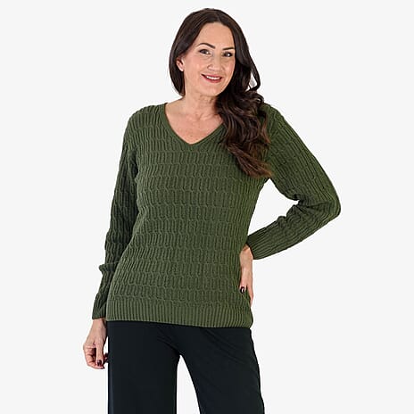 Sugar Crisp V-Neck Cable Knit Jumper (Size 16 to 18) - Olive Green