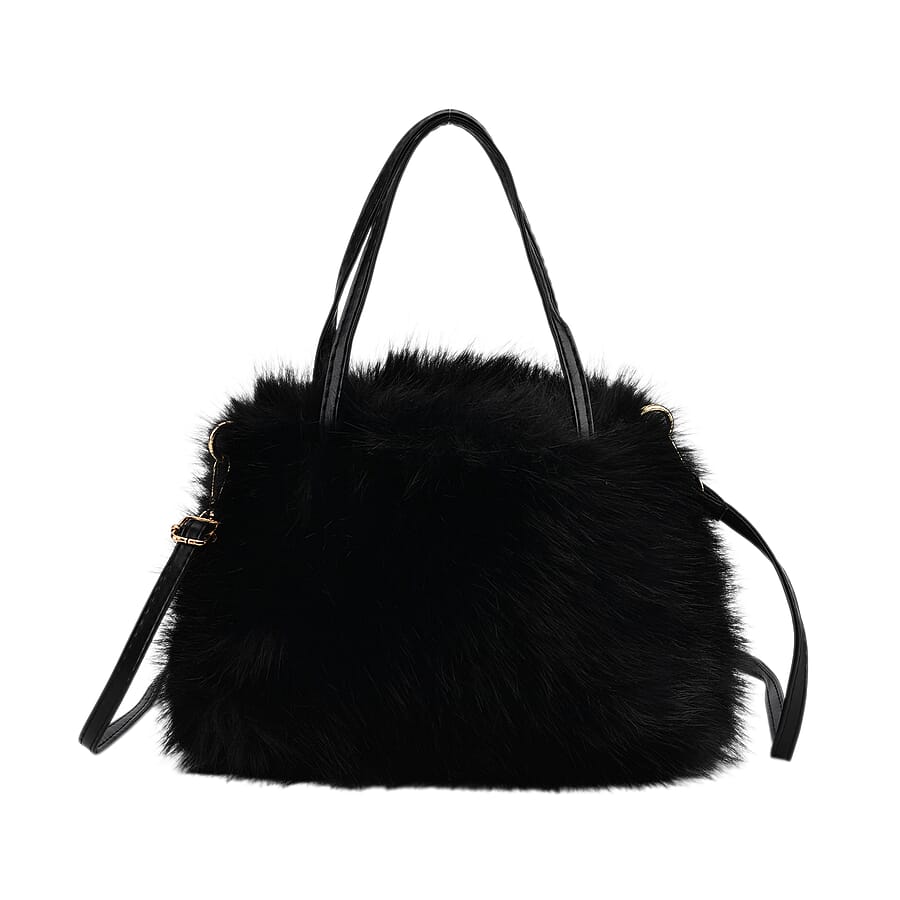 Faux Fur Handbag with Crossbody Strap (120 cm) - Black