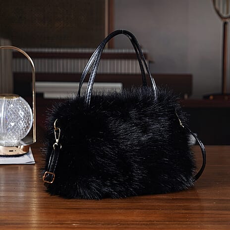 Faux Fur Handbag with Crossbody Strap (120 cm) - Black
