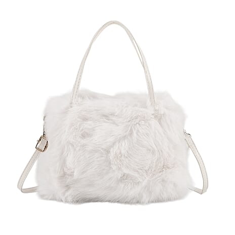 Faux Fur Handbag with Crossbody Strap (120 cm) - White