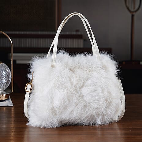 Faux Fur Handbag with Crossbody Strap (120 cm) - White