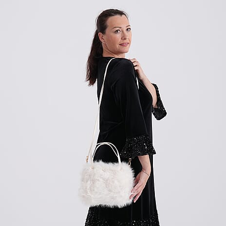Faux Fur Handbag with Crossbody Strap (120 cm) - White