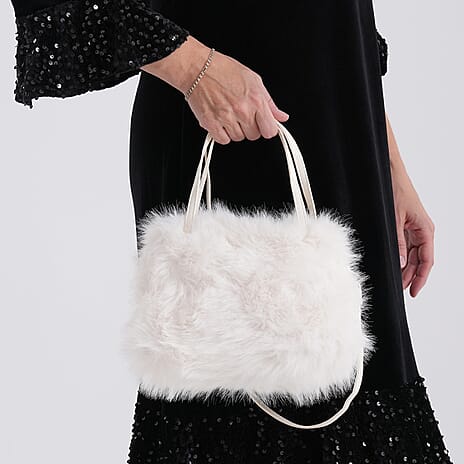 Faux Fur Handbag with Crossbody Strap (120 cm) - White