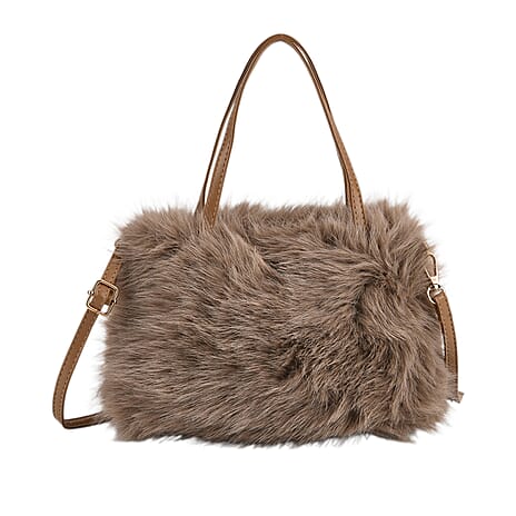 Faux Fur Handbag with Crossbody Strap (120 cm) - Light Brown