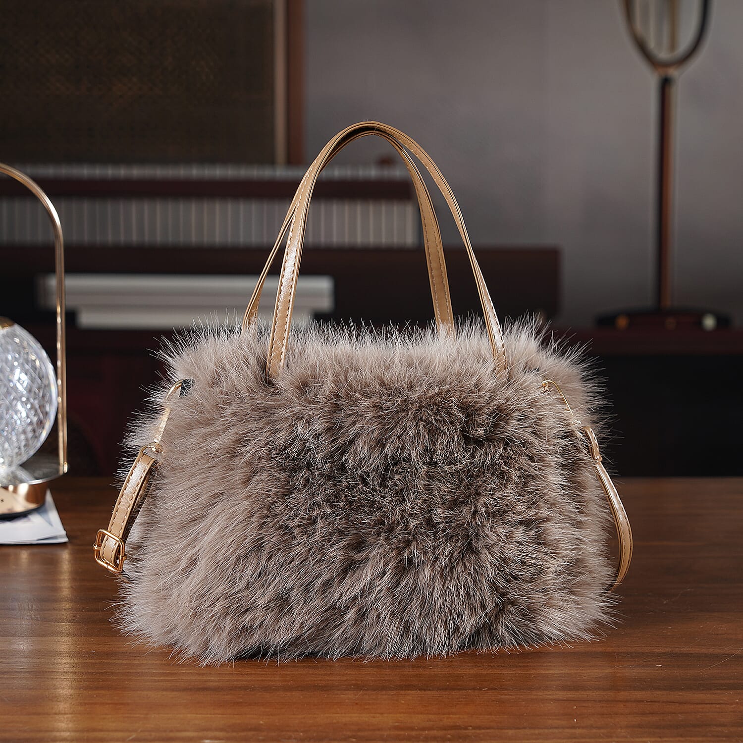 Faux Fur Handbag with Crossbody Strap (120 cm) - Light Brown
