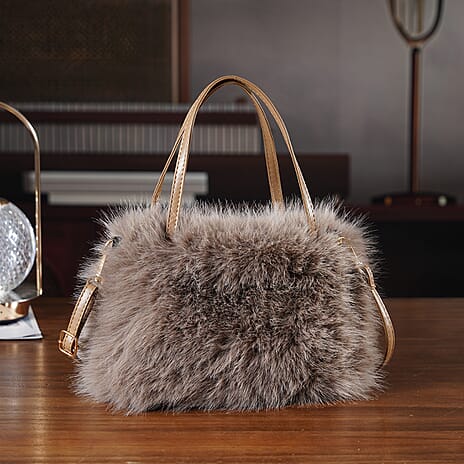 Faux Fur Handbag with Crossbody Strap (120 cm) - Light Brown