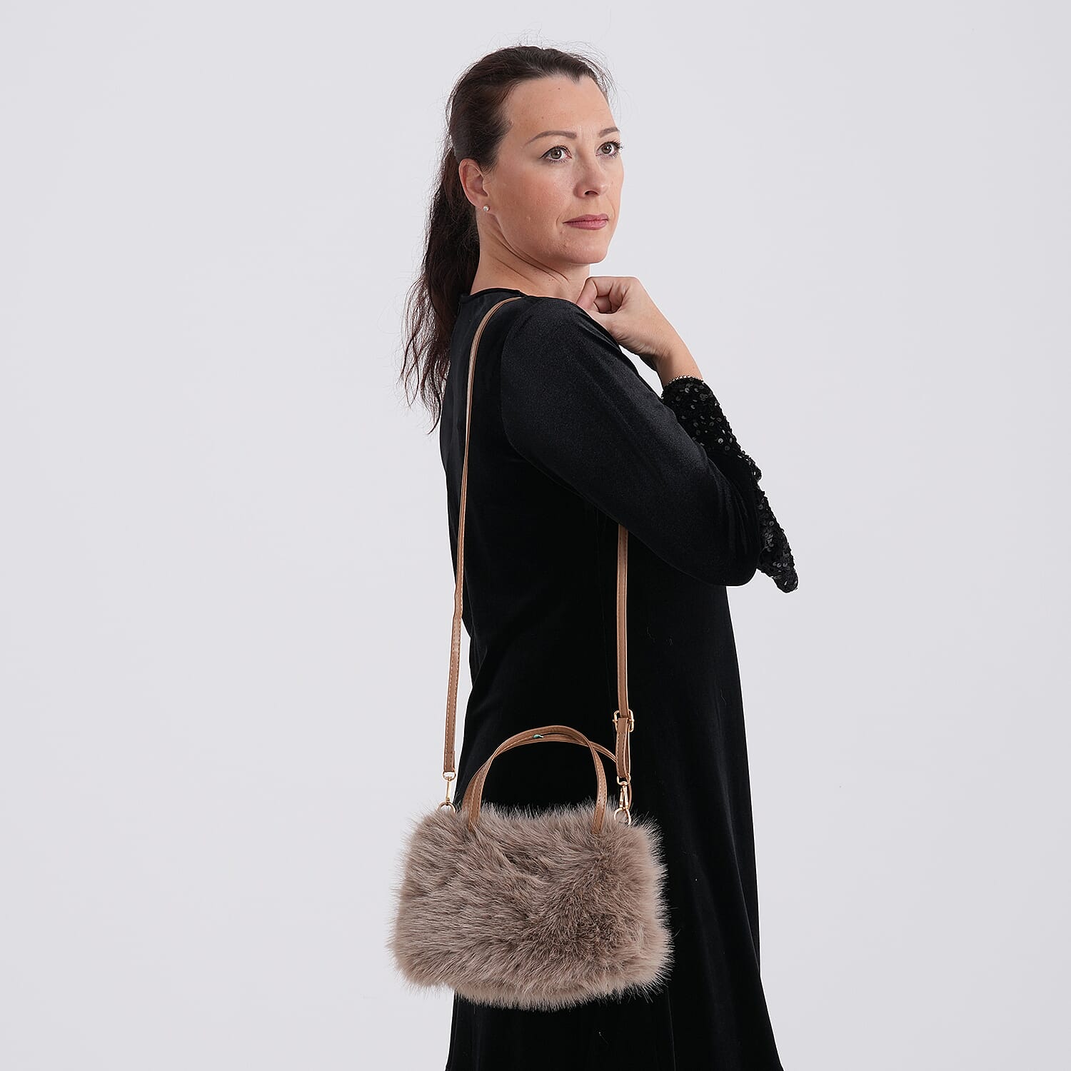 Faux Fur Handbag with Crossbody Strap (120 cm) - Light Brown