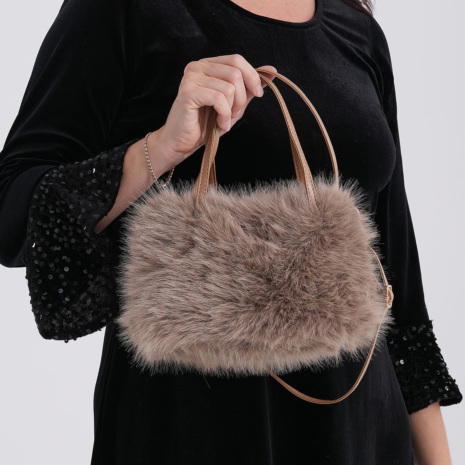 Faux Fur Handbag with Crossbody Strap (120 cm) - Light Brown