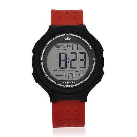 MAJESTY Digital Electronic 3ATM WR LCD Dial - Black Case Mens Watch with Red TUP Strap