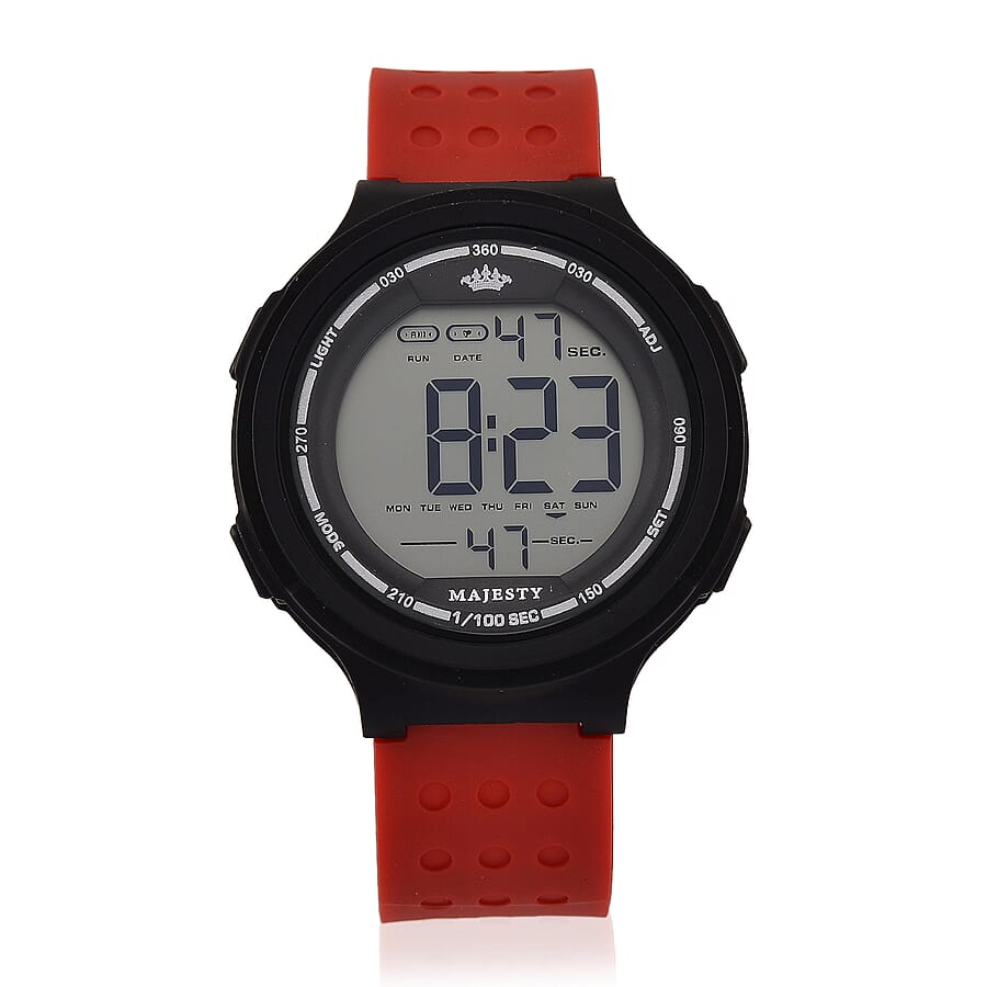 MAJESTY Digital Electronic 3ATM WR LCD Dial - Black Case Mens Watch with Red TUP Strap