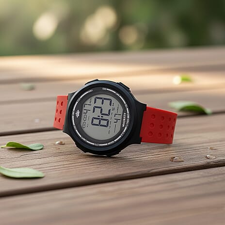 MAJESTY Digital Electronic 3ATM WR LCD Dial - Black Case Mens Watch with Red TUP Strap