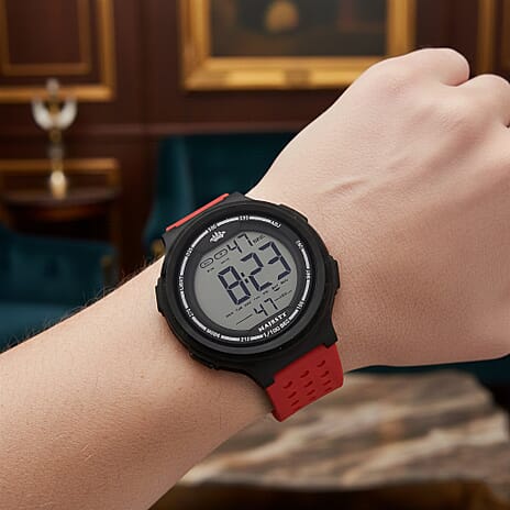 MAJESTY Digital Electronic 3ATM WR LCD Dial - Black Case Mens Watch with Red TUP Strap