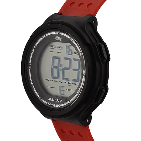 MAJESTY Digital Electronic 3ATM WR LCD Dial - Black Case Mens Watch with Red TUP Strap
