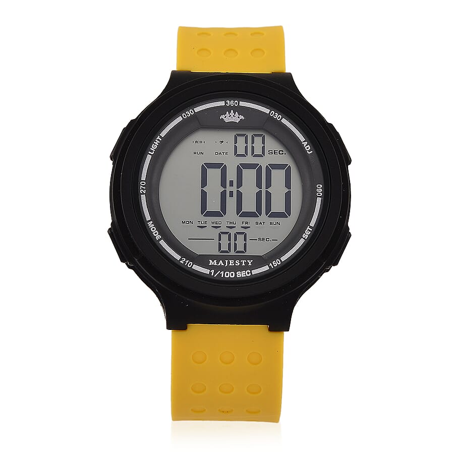 MAJESTY Digital Electronic 3ATM WR LCD Dial - Black Case Mens Watch with Yellow TUP Strap