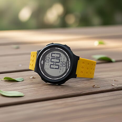MAJESTY Digital Electronic 3ATM WR LCD Dial - Black Case Mens Watch with Yellow TUP Strap