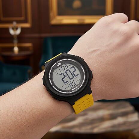 MAJESTY Digital Electronic 3ATM WR LCD Dial - Black Case Mens Watch with Yellow TUP Strap