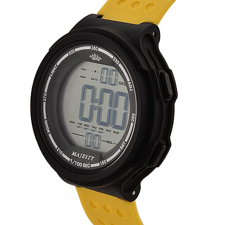 MAJESTY Digital Electronic 3ATM WR LCD Dial - Black Case Mens Watch with Yellow TUP Strap