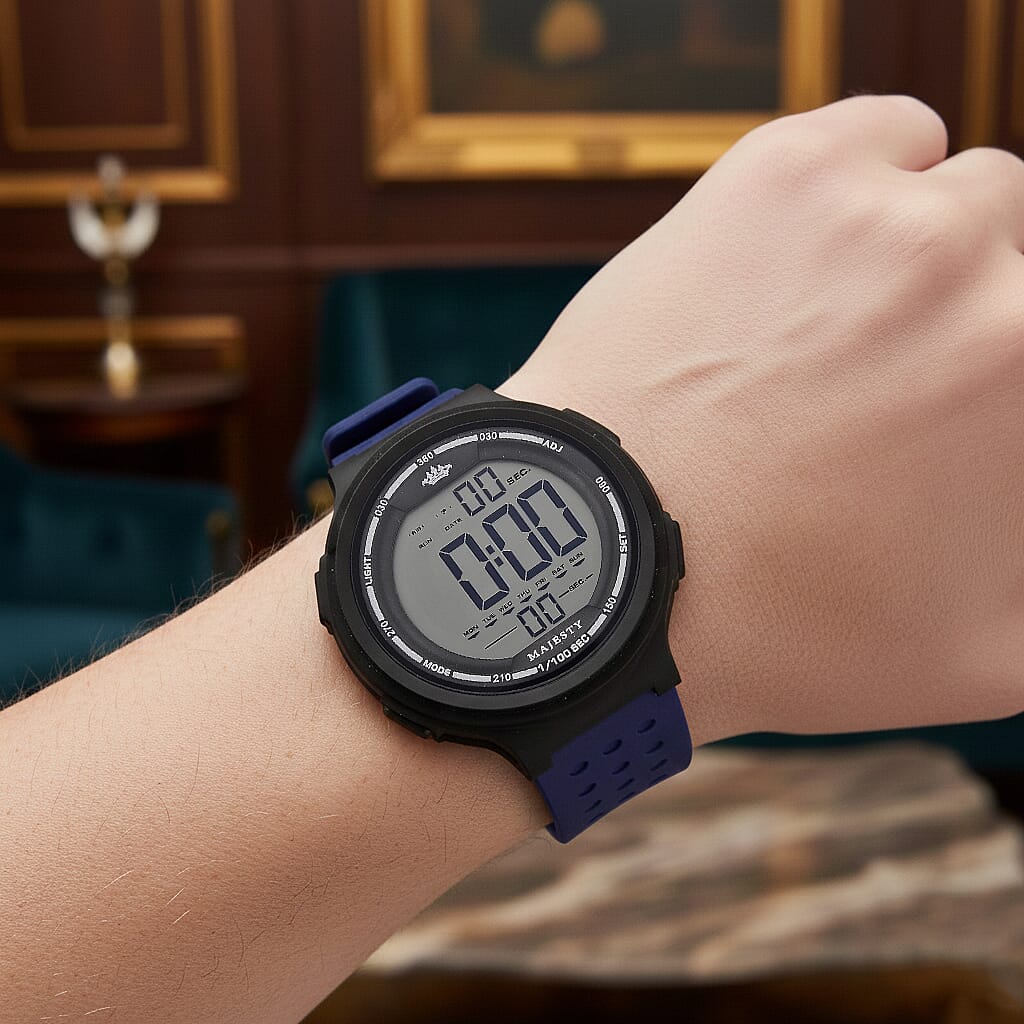 MAJESTY Digital Electronic 3ATM WR LCD Dial - Black Case Mens Watch with Blue TUP Strap